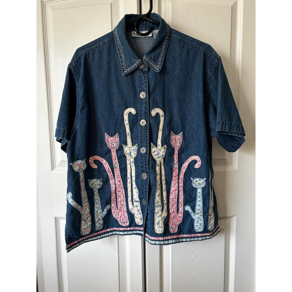 Denim Cat Lady Shirt 1X Black Brown Cats Made In India Vintage Dress Barn CatMom